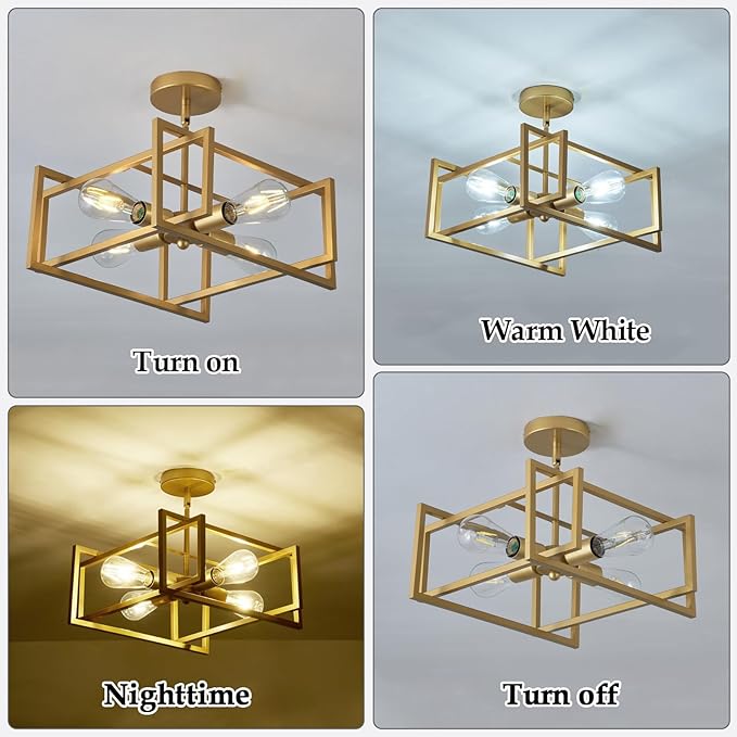 ZGLAOJT 4-Lights Ceiling Light Gold Light Fixture Industrial Flush Mount Ceiling Light Farmhouse Chandelier Lighting for Kitchen Island Dining Room Bedroom Foyer Hallway