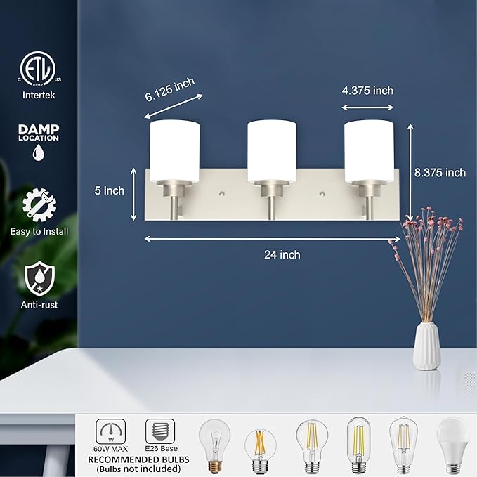 Bathroom Light Fixture, Brushed Nickel | 24 Inch 3 Lights, White Glass Shade, Farmhouse Style - Vanity Lights for Bathroom, Living Room, Bedroom