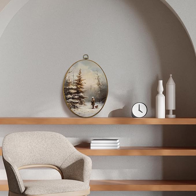 CUANFDDSF Vintage Farmhouse Winter Oval Wall Art Decor, Rustic Christmas Pine Tree Landscape Wall Hanging Decor, Retro Country Winter Framed Canvas Prints for Home Bedroom Living Room, 8.6x11.4 Inch