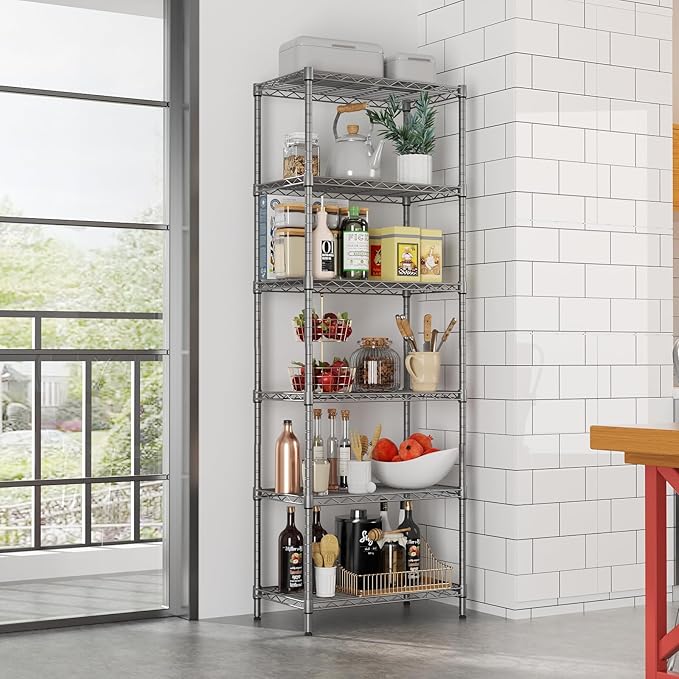 SINGAYE 6 Shelf Wire Shelving Unit Adjustable Metal Shelves Standing Bathroom Organizers and Storage Wire Closet Metal Pantry Kitchen 12" DX22 W 69.5" H Gray