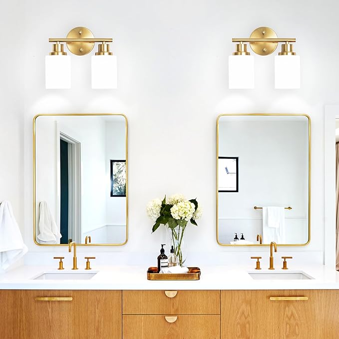 2-Light Vanity Lights, Brushed Gold Bathroom Light Fixture with Striped Textured Milky White Glass Shade, Modern Vanity Lighting Fixture for Bathroom Wall Light Over Mirror, E26 Wall Sconce