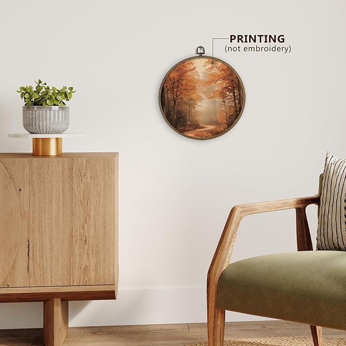 Gnmduw Rustic Fall Wall Art Framed, Fall Pictures Wall Decor, Vintage Autumn Landscape Round Hanging Wall Decor, Moody Halloween Canvas Prints Art for Living Room Bathroom Gallery Bedroom, 10x10 Inch