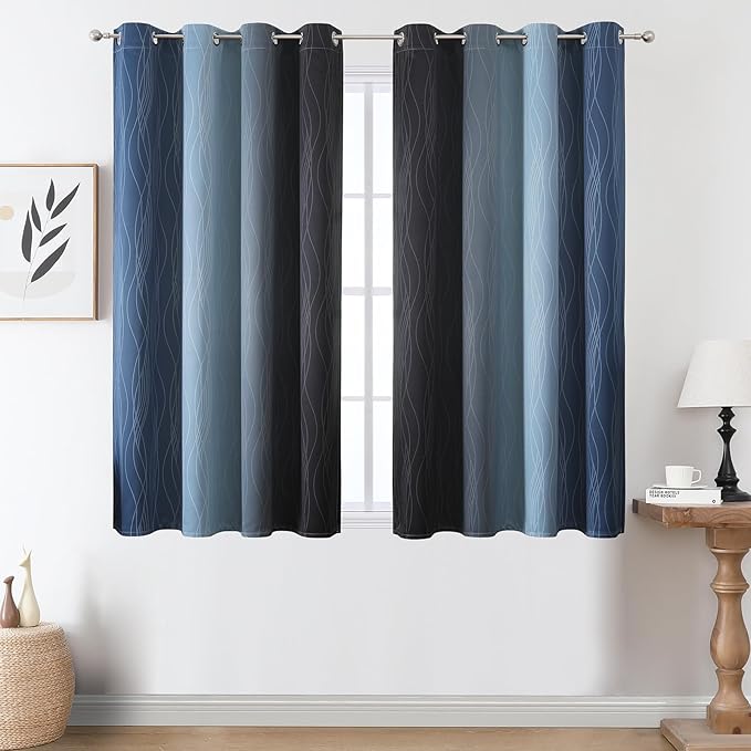 Estelar Textiler Black and Navy Blue Ombre Blackout Curtains 45 Inch Length, Full Room Darkening Gradient Drapes for Kitchen, Thermal Insulated Grommet Short Curtains for Bathroom, 52Wx45L, 2 Panels