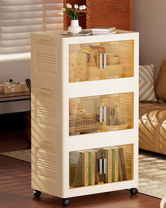 228QT Stackable Storage Bins with Lids 3 Pack, 57Gal Storage Containers with Smooth-Rolling Wheels, Plastic Closet Organizers and Storage, Collapsible Storage Bins for Home, Office and Dorm