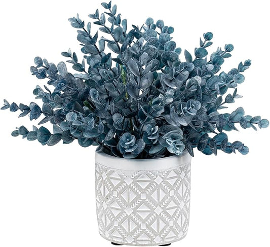 MyGift Artificial Eucalyptus Plant in Modern Gray Concrete Pots with Geometric Embossed Pattern (1, Blue)