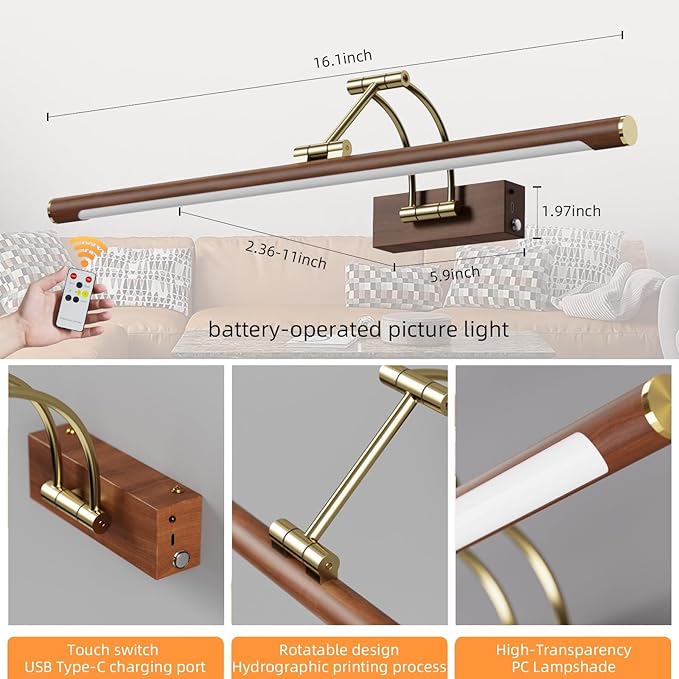Wireless Picture Lights for Wall Rechargeable,16.14" Battery Operated Art Light for Paintings,3CCT Dimmable with Remote,Rotatable Gallery Light for Pictures Display,Wood Grain
