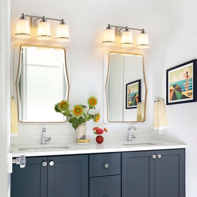 Brushed Nickel Bathroom Vanity Light Fixture, 3 Light Bathroom Light Fixtures Over Mirror with Milky Glass, Hardwired Modern Vanity Light for Bathroom(Exclude E26 Bulb)