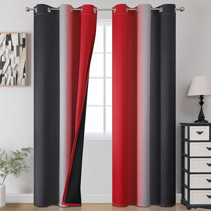 Estelar Textiler Black and Red Blackout Curtains, 100% Ombre Blackout Curtains for Bedroom, Full Light Blocking Thermal Insulated Gradient Grommet Drapes for Living Room, 42x84 Inch, 2 Panels