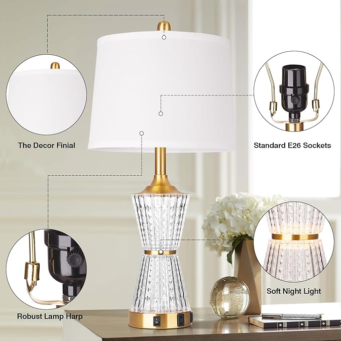 26" Modern Table Lamps, Gold Set of 2 Table Lamps Night Light with 2 USB Charging Ports & AC Outlet, Bedside Nightstand Lamp White Shade for Living Room Bedroom Home Decor(2 LED Bulbs Included)