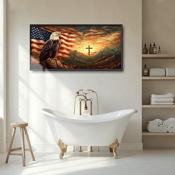 Framed Large Wall Art for Living Room, Bald Eagle American Flag Canvas Wall Decor, Large Christian Cross Picture Framed Painting, Modern Artwork for Bedroom Office 60L'' × 30W''