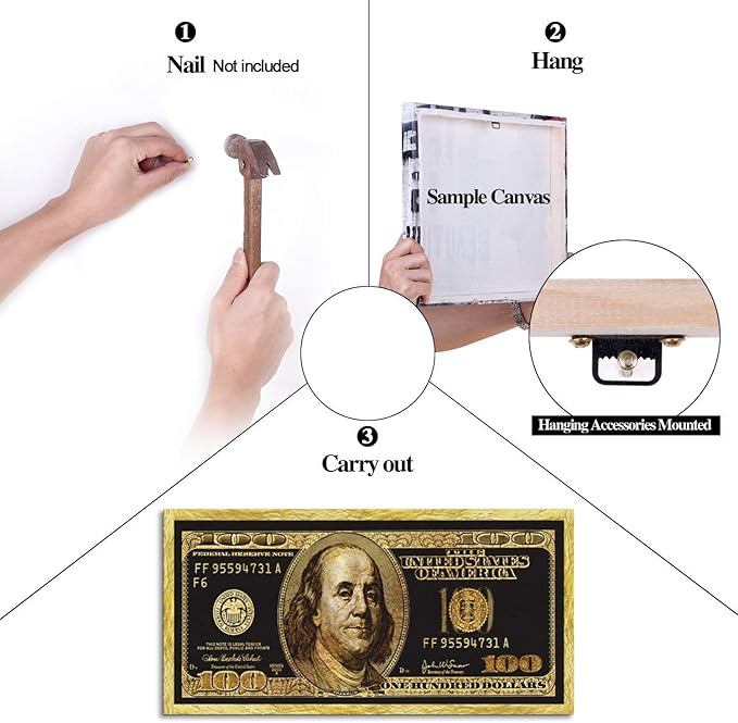 Positive Golden Dollar Money Canvas Office Paintings Prints Wall Art 100 Bill Money Abstract Wall Pictures HD Print Gift Choice for Men Farmhouse Bar Classroom Wall Decor Gallery Wrapped-40"Wx20"H