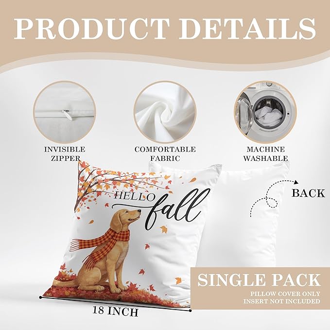 Hello Fall Dog Pillow Covers 18x18, Farmhouse Autumn Decor,Fall Autumn Maple Leaves Decorative Throw Pillow Covers for Home Bedroom Living Room,Dog Lover Gifts