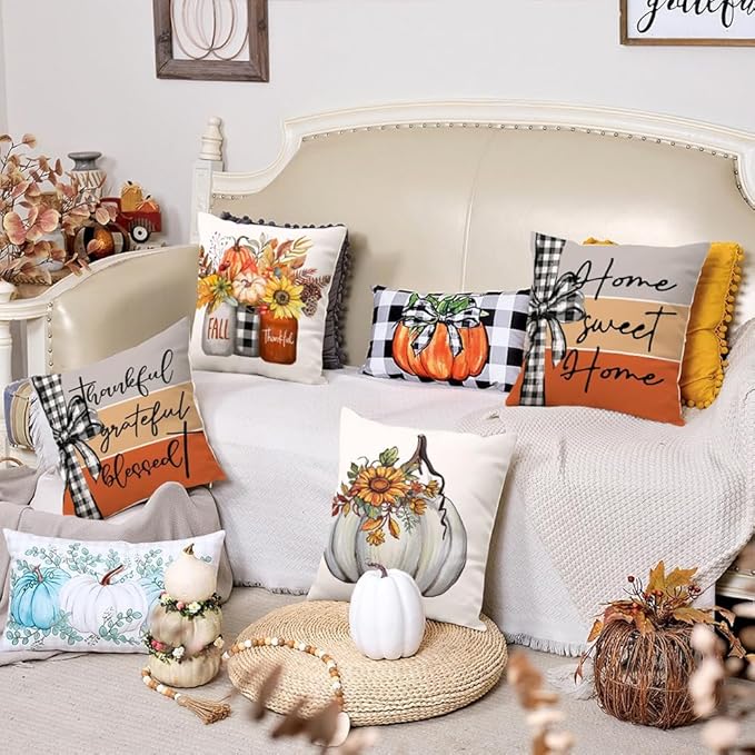 GEEORY Fall Throw Pillow Covers 18x18 Inch Set of 4, Pumpkins Mason Jars Sweet Home Striped Autumn Thanksgiving Seasonal Decorative Farmhouse Decoration (Off-White) G637-18