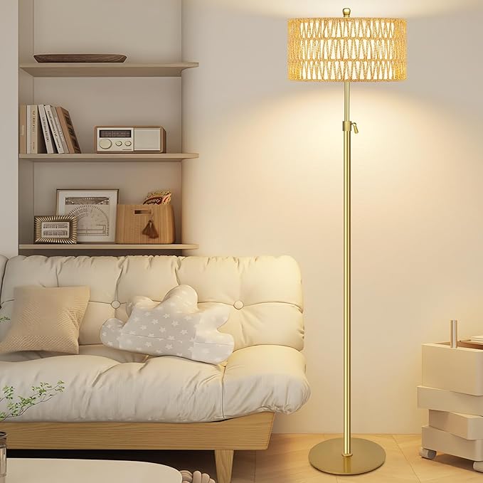 Gold Floor Lamps for Living Room Rattan Boho Floor Lamp with Remote Control,Dimmable Wicker Floor Lamp Modern Standing Lamp with 3 Color Temperature Brass Tall Floor Lamps for Bedroom Corner