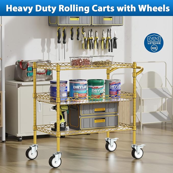 Leteuke 3 Tier Rolling Carts with Wheels,Heavy Duty Utility Bar Cart,NSF Commercial Grade Metal Cart with Handle&Shelf Liner,Trolley Serving Cart for Kitchen,Restaurant,Plant Display,Gold