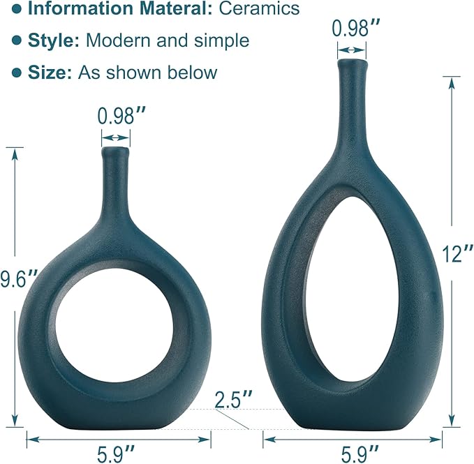 Green Ceramic Hollow Elliptical Vase Set of 2 - Boho Circle Vase with Hole, for Modern Green Table Decor, Living Room Decor Shelf mid Century Modern Home Entrance Decorative vase