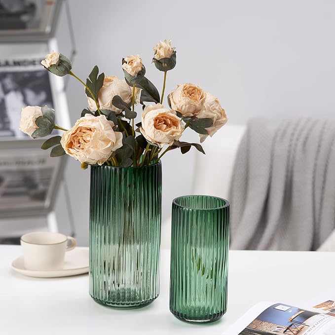 Flower Vase 7.5 inch Green Thickened Glass Vase for Bookshelf,Dinner Table,Indoor Office Desktop,Meeting Room,Bathroom,Countertop,Home Christmas Day Decoration