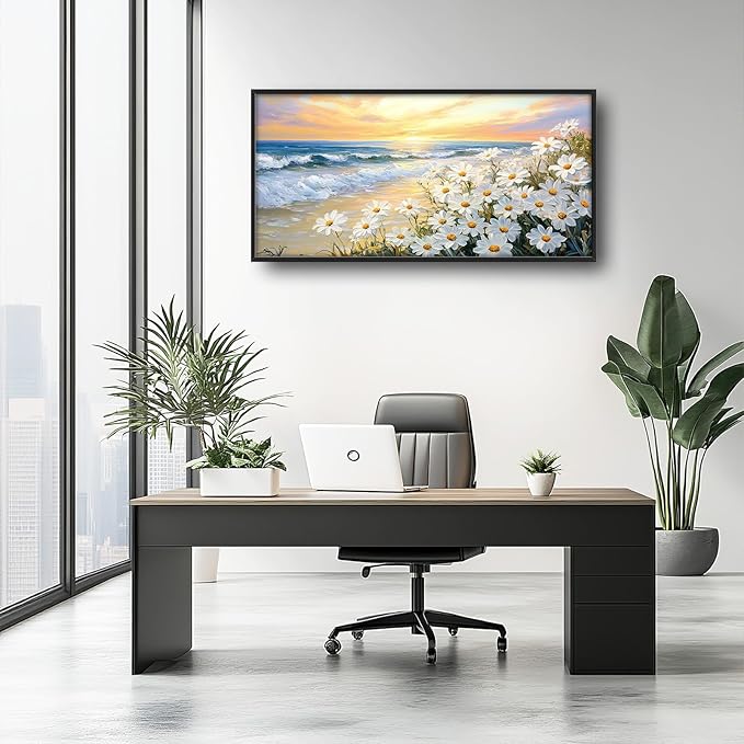 Large Beach Daisy Wall Art, Framed Coastal Beach Wall Decor for Living Room, Oversized Sunrise Canvas Painting Seascape Pictures Home Decoration for Living Room Bedroom Office 60"x30"
