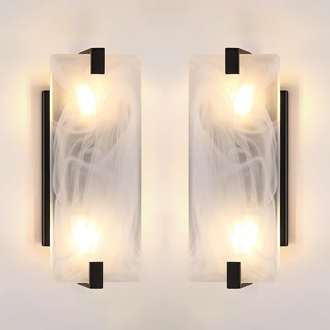 Leading Lighting 2 Pack 2 Light Square Frosted Glass Bathroom Wall Sconce Modern Concise Style Wall Light Fixture,Black Finish for Bedroom Hallway Bedside
