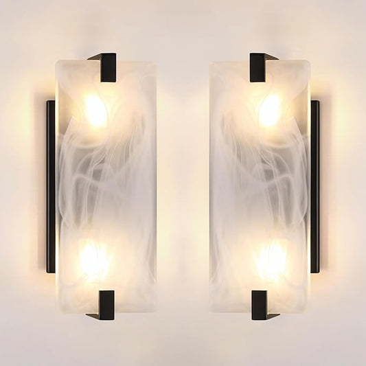 Leading Lighting 2 Pack 2 Light Square Frosted Glass Bathroom Wall Sconce Modern Concise Style Wall Light Fixture,Black Finish for Bedroom Hallway Bedside