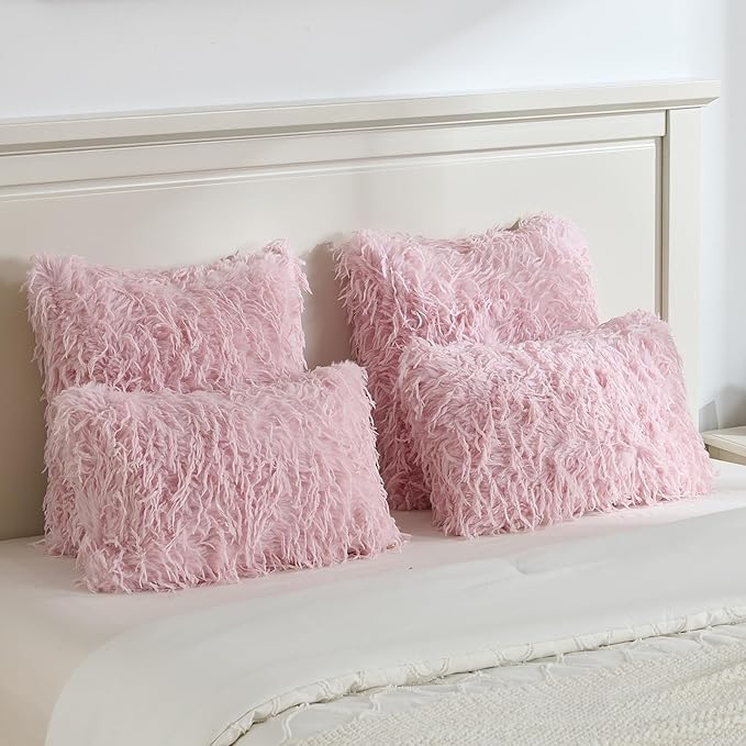 FUTEI Pink Decorative Throw Pillow Covers 24x24 Inch Set of 2,Soft Fluffy Faux Feather Texture European Cushion Cases,Modern Home Luxury Decor for Couch Bed Living Room