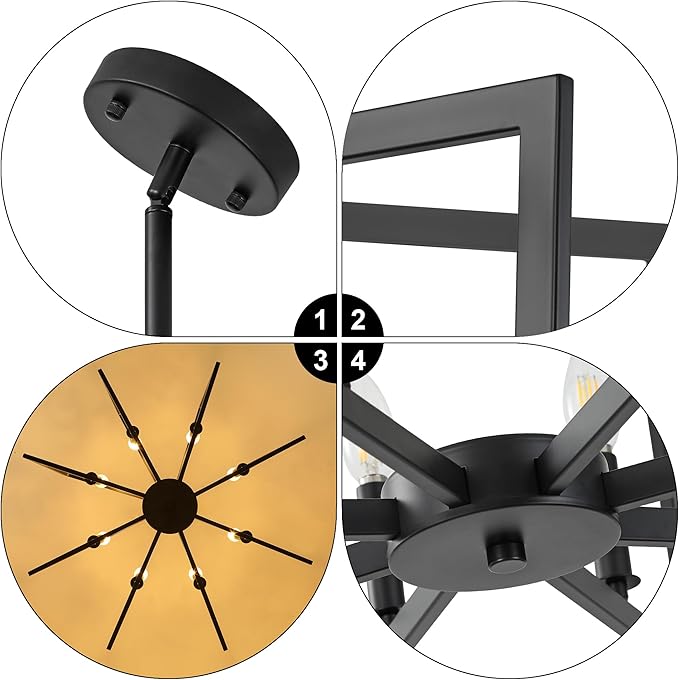 8-Light Modern Farmhouse Black Geometric Chandelier, Adjustable Height Dining Room Light Fixtures Over Table, Large Industrial Metal Chandeliers for Dining Room Kitchen Island Entryway