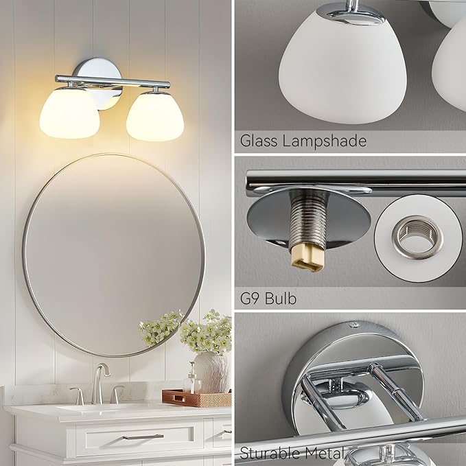 Modern 2 Light Bathroom Vanity Light Chrome Vanity Light Bathroom Light Fixtures Over Mirror with Milk Glass Shade Bathroom Wall Sconce