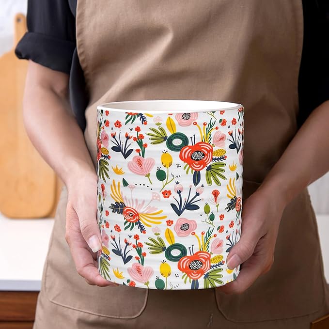 Kitchen Utensil Holder,7.2″Extra Large Stable Garden Floral Pattern Ceramic Utensil Crock,Flower Utensil Organizer for Countertop,Kitchen Decor,Utensil Holder for Housewarming,Wedding Gift