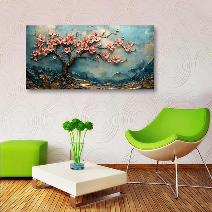 Tree of Life Pink Flowers and Golden Trees Pictures Canvas Wall Art for Living room Office Bedroom Teal Mountain Abstract Wall Decor Art Print Paintings Modern Plum Blossom Artwork -20x40inch