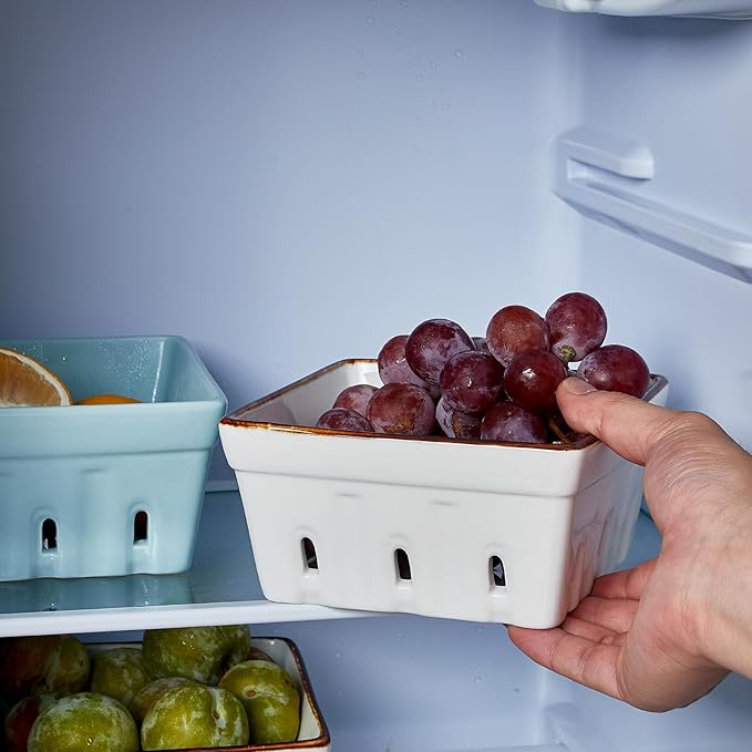 ONEMORE Ceramic Berry Basket Square Fruit Bowls with Holes Berry Bowl Colander Fruit Basket for Kitchen Décor - 5.8" Berry Containers for Fridge, Set of 2, Cream White