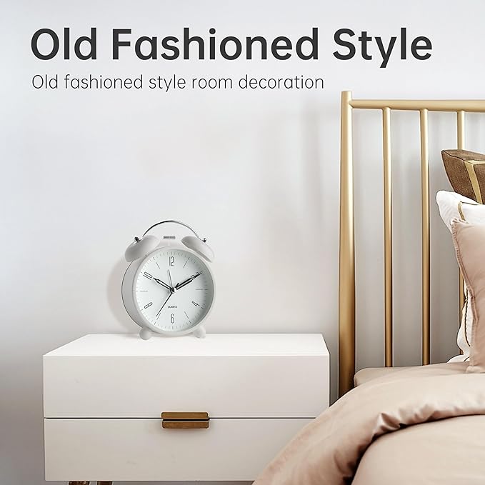 Twin Bell Loud Alarm Analog Alarm Clock, 4 inch Super Silent Non Ticking Small Clock with Night Light, Battery Operated, Simple Design, Old Fashioned, for Heavy Sleeper, Bedroom, Bedside, Desk, White