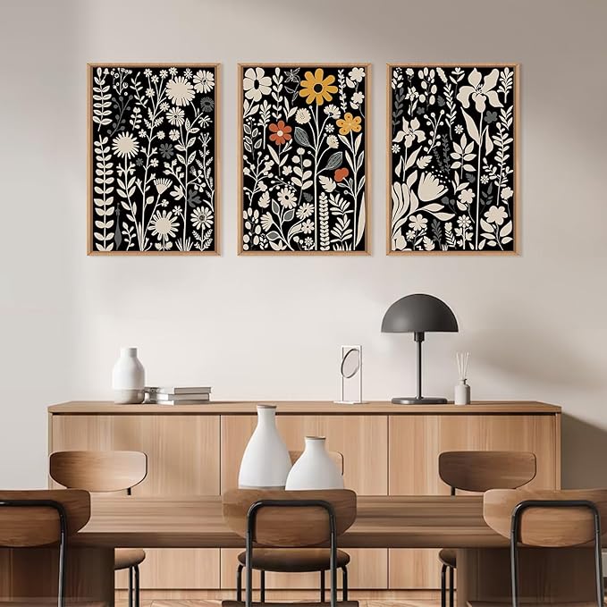 HOURIA Large Moody Boho Floral Framed Canvas Wall Art Set,Mid Century Black Flower Leaf Wall Decor,Retro Dark Wildflower Artwork,Minimalist Botanical Art Print for Living Room,Bedroom,Office-16"x24"x3