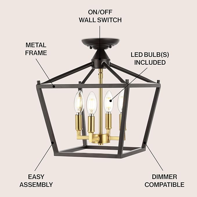 JONATHAN Y JYL7610G Plains Mini Lantern 12" 4-Light Iron Modern Farmhouse LED Flush Mount, Office, Living Room, Family Room, Dining Room, Bedroom, Hallway, Foyer, Oil Rubbed Bronze/Brass Gold