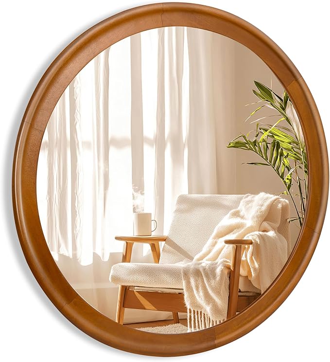 Round Wood Mirror for Wall,36 Inch Circle Decorative Mirror with Walnut Frame,Rustic Bathroom Hanging Vanity Mirror for Entryway,Bedroom or Living Room