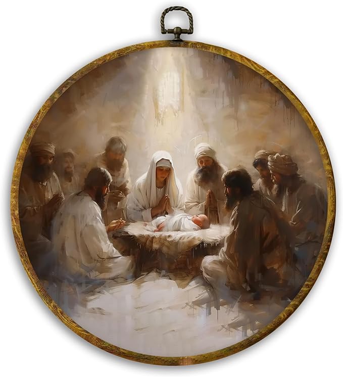 CUANFDDSF Christian Christmas Nativity Round Wall Art Decor, Vintage Jesus Nativity Wall Hanging Frame Decor, Religious Christmas Canvas Prints Decorations for Home Bedroom Church, 10x10 Inch
