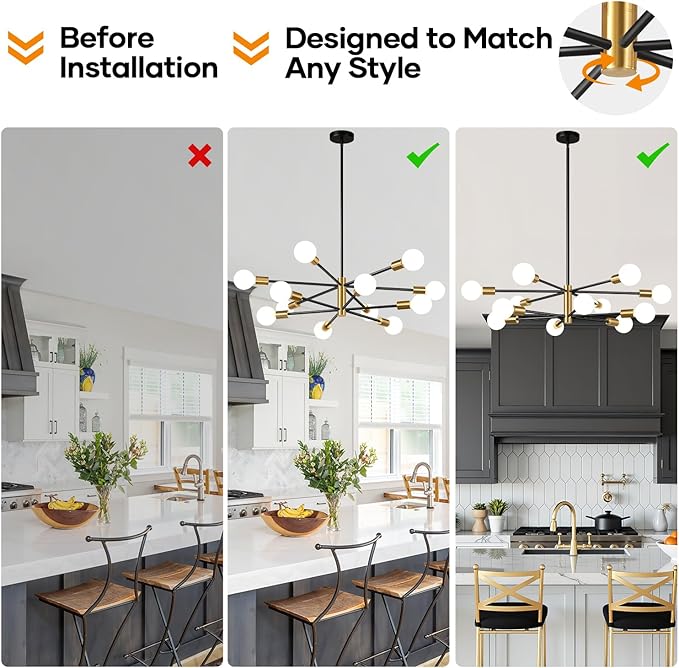 33" Modern Chandelier Ceiling Light Fixture, 12-Light Sputnik Chandeliers Gold and Black Mid Century Chandelier Over Table, Height Adjustable Chandeliers for Dining Room Living Room Kitchen Island
