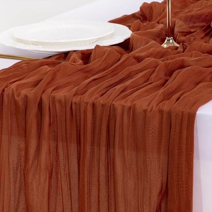 Socomi Fall Table Runner Terracotta Thanksgiving Cheesecloth Gauze Burnt Orange Boho Rustic Farmhouse 120 inch 10FT Cheese Cloth Runner for Wedding Party Baby Shower Home Decor Holiday Decorations