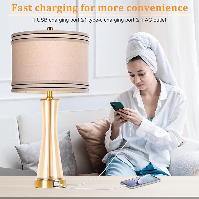 27.4''Table Lamps for Living Room Set of 2,3-Way Dimmable Modern Glass Bedside Lamps with USB Ports,Tall Lamps for Night Stands,Touch End Table Lamps for Bedroom Desk Lamps for Home Office(Glod)
