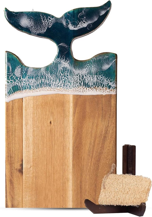 Acacia Wood Cutting Board with Epoxy Resin Art, 18.1”x9.8”, Includes Stand & Loofah, Handcrafted Ocean Wave Design, Charcuterie, Bread, Meat & Serving Board (Whale Tail Handle)
