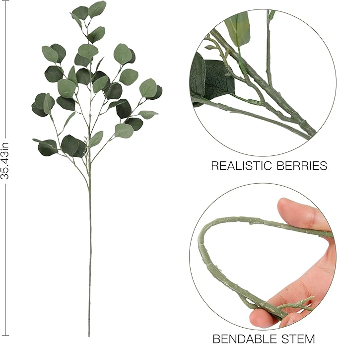 Sggvecsy 6 Pcs Eucalyptus Leaves Artificial Eucalyptus Stems Long Silver Dollar Leaves Faux Leaf Branches Fake Silk Eucalyptus for Spring Summer Home Festival Thanksgiving Christmas Decor (Green)