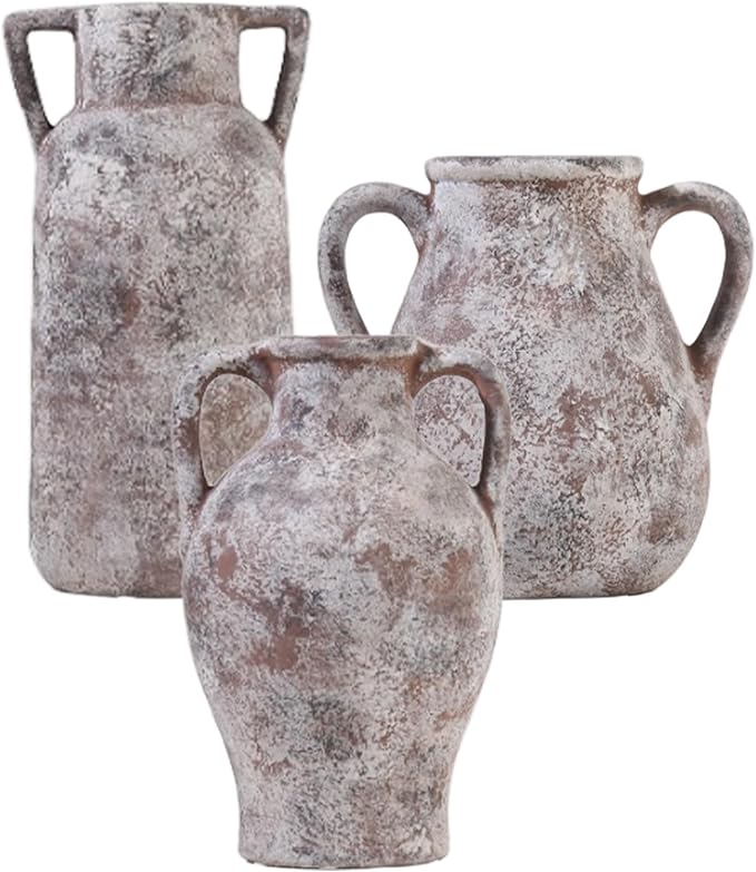 Ceramic Vase Set of 3, Handmade Rustic Farmhouse Vases with Handles, Glazed Interior, Aged Terracotta Finish, Boho Home Decor for Table, Shelf, Mantel, Flower Arrangement
