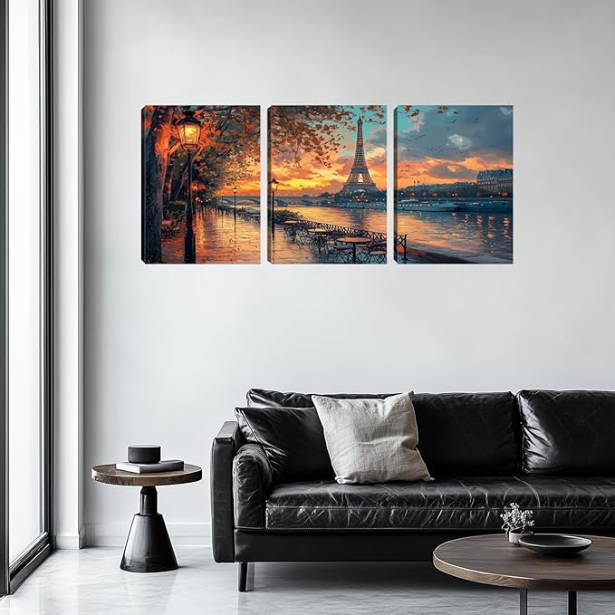 3 Pieces Paris Eiffel Tower Decor Wall Art Canvas Paintings Picture Posters Prints Landscape Wall Art Decor for Living room Bedroom Home Office Wall Decor Framed Wall Art (36''W x 16''H)