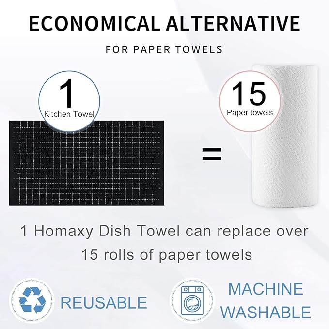 Homaxy 100% Cotton Terry Kitchen Towels(Black, 20 x 28 inches), Checkered Designed, Soft and Super Absorbent Dish Towels, Large 4 Pack