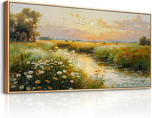ZUITINGHUA Wood Framed Canvas Wall Art For Living Room Wall Decor For Bedroom Office Wall Decoration Pastoral Scenery Painting Water edge Pictures Artwork Room Aesthetic Home Decor 20x40 In