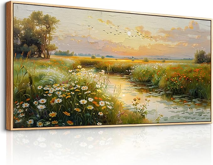 ZUITINGHUA Wood Framed Canvas Wall Art For Living Room Large Wall Decor For Office Bedroom Decorations Pastoral Scenery Picture Water edge Painting Artwork Ready To Hang Home Decor 30x60 In