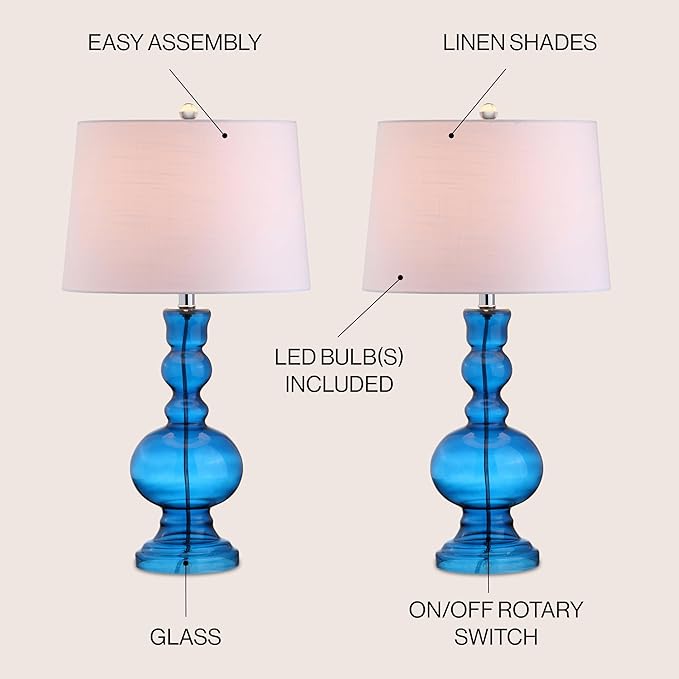 JONATHAN Y JYL1061C-SET2 Set of 2 Table Lamps Genie 28.5" Glass LED Table Lamp Contemporary Transitional Bedside Desk Nightstand Lamp for Bedroom Living Room Office College Bookcase, Night Blue