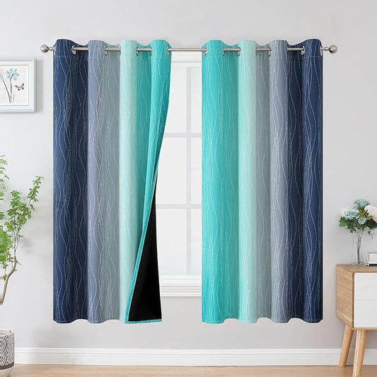 Estelar Textiler Navy Blue and Teal Blackout Curtains 63 Inch Length 2 Panels Set, Full Room Darkening Grommet Ombre Curtains for Bedroom, Thermal Insulated Light Blocking Gradient Drapes,52Wx63L