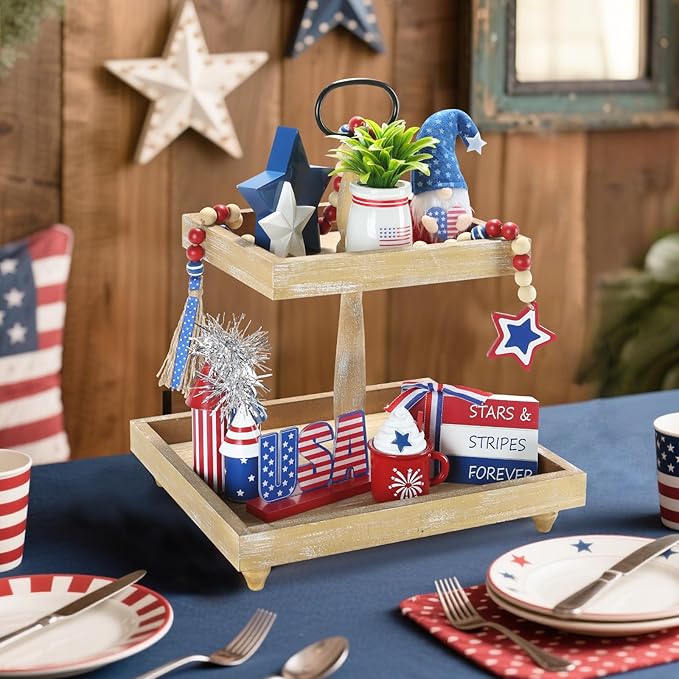 4th of July Decorations, Memorial Day Decorations, Independence Day Patriotic Tiered Tray Decor Set, 8 Pieces Fourth of July Centerpieces for Home Office Table Shelf, Red White and Blue Decorations