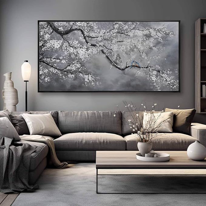 Plum Blossom Wall Art Framed Wall Art Decor Canvas Birds Wall Decorations Bedroom Picture Large Artwork for Living Room Dining Room 24”x48”