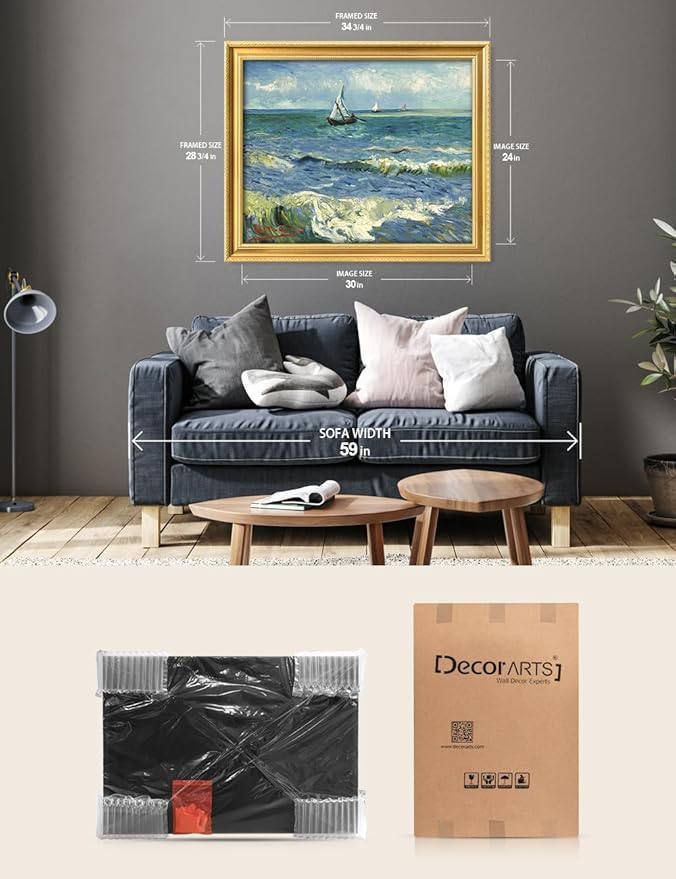 DECORARTS - Vincent van Gogh's The Sea at Les Saintes-Maries, Museum-Quality Giclee Canvas Print in Gold Solid Wood Frame, 34.75 x 28.75 in, Ready to Hang, Made in USA